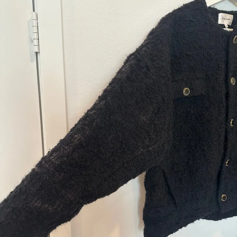 Frame Cocoon virgin wool blend boucle black button jacket medium
